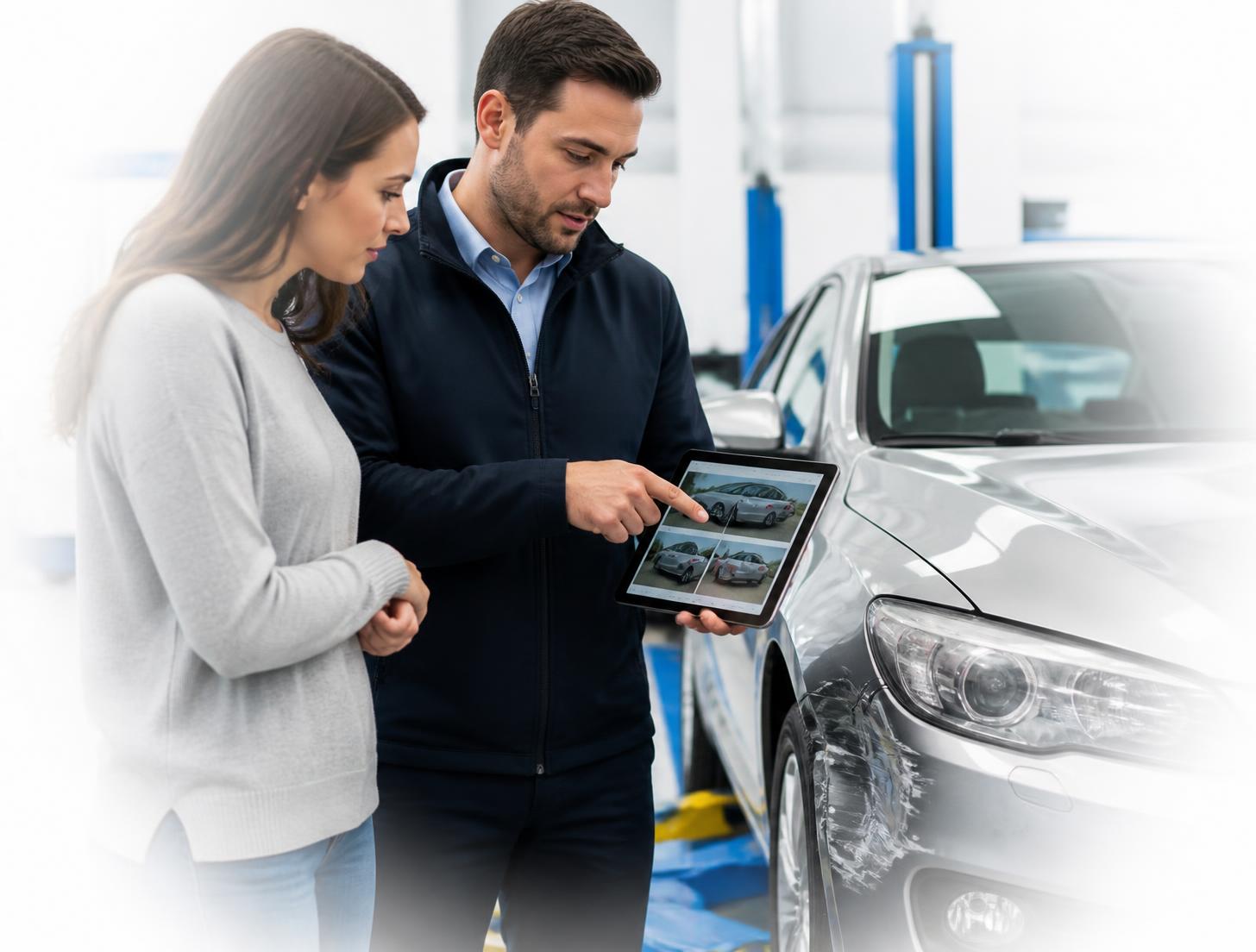 Advisor showing a customer their options beside a damaged car