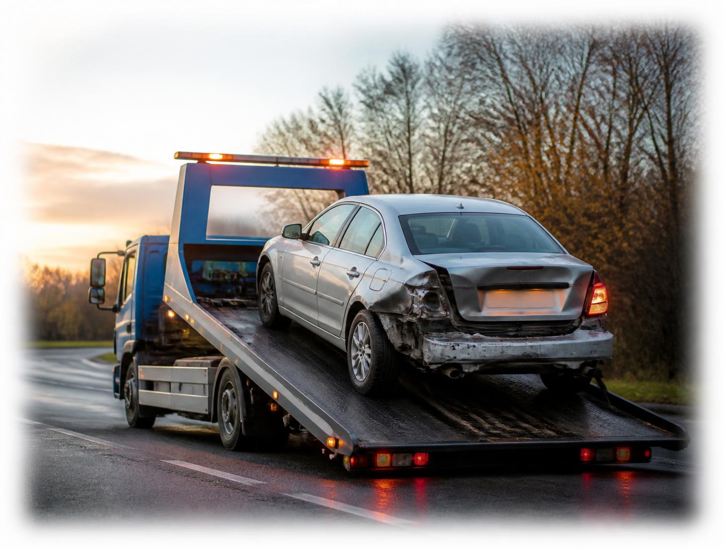 Recovery truck loading a damaged car for transport to the repair centre