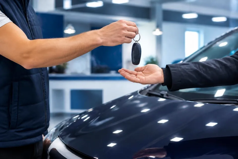Keys handed back to a customer beside a freshly repaired and polished car