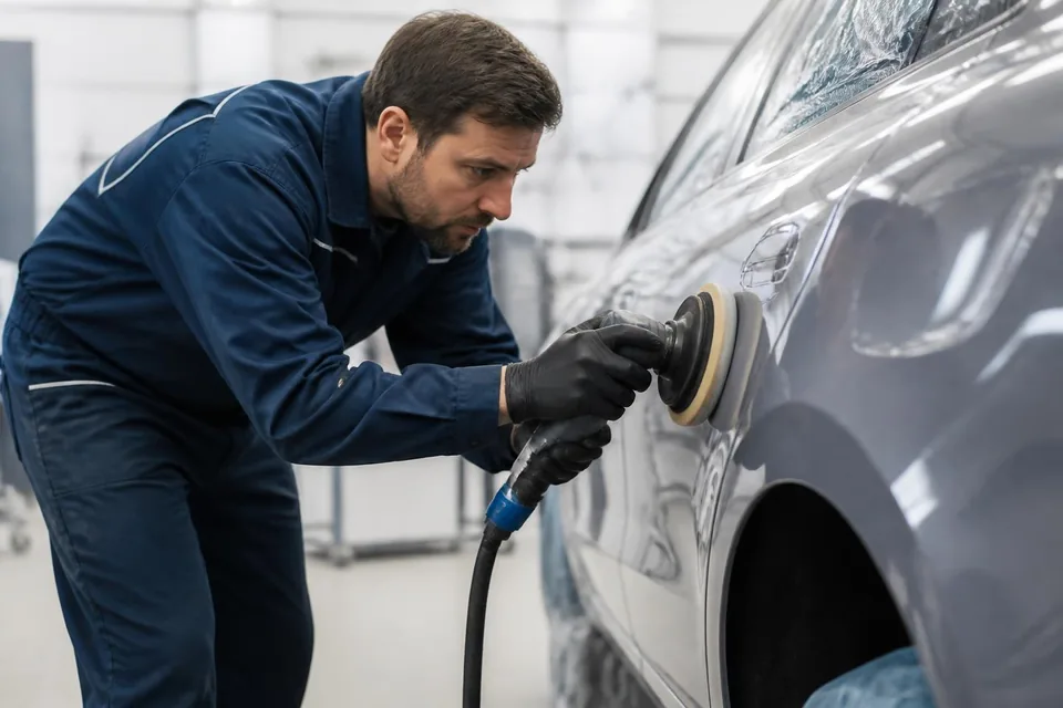 SAR Group technician refinishing a repaired car panel in the bodyshop