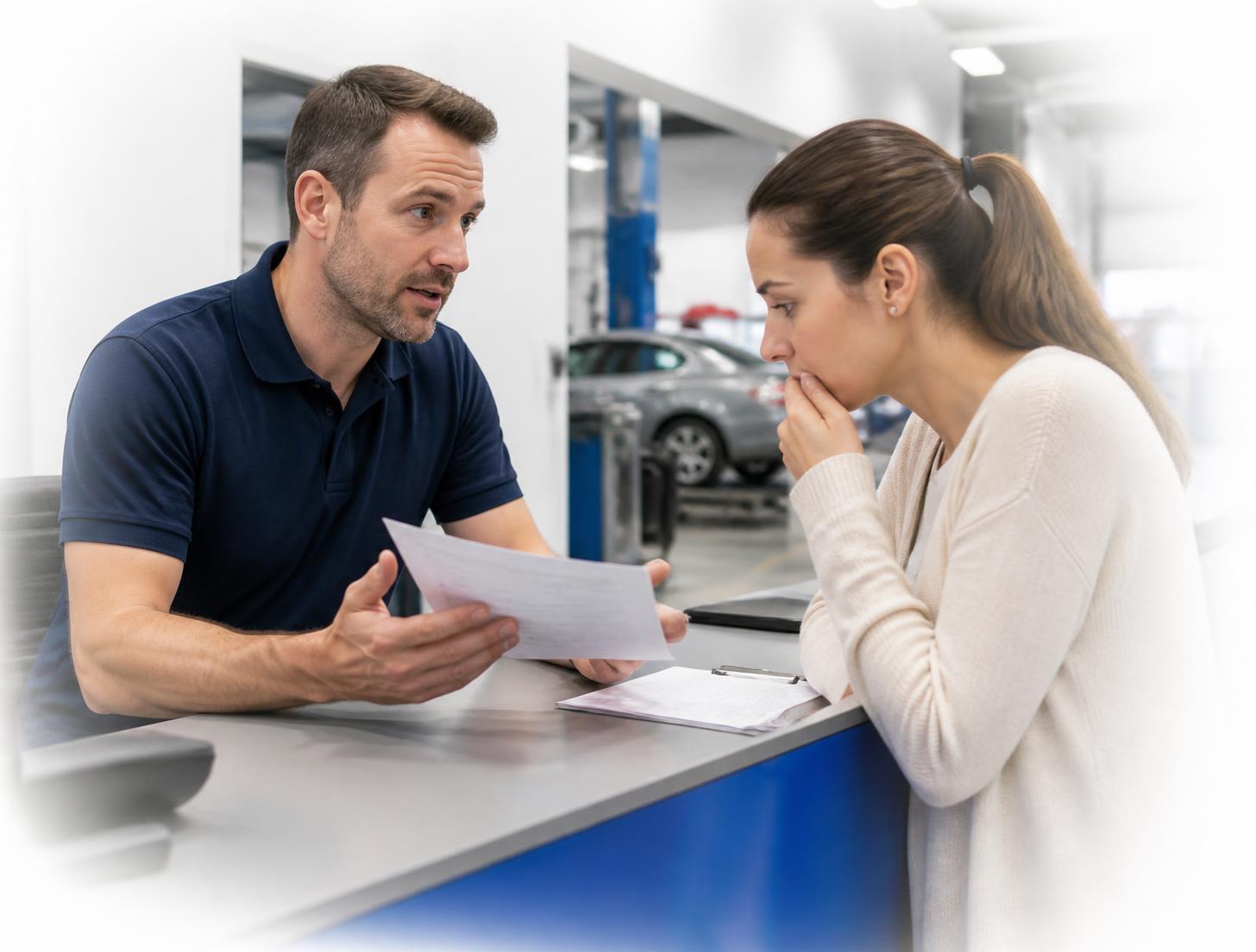 Repair advisor explaining excess and policy paperwork to a customer