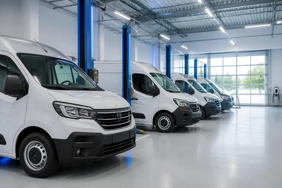 White vans lined up in a bright modern repair workshop