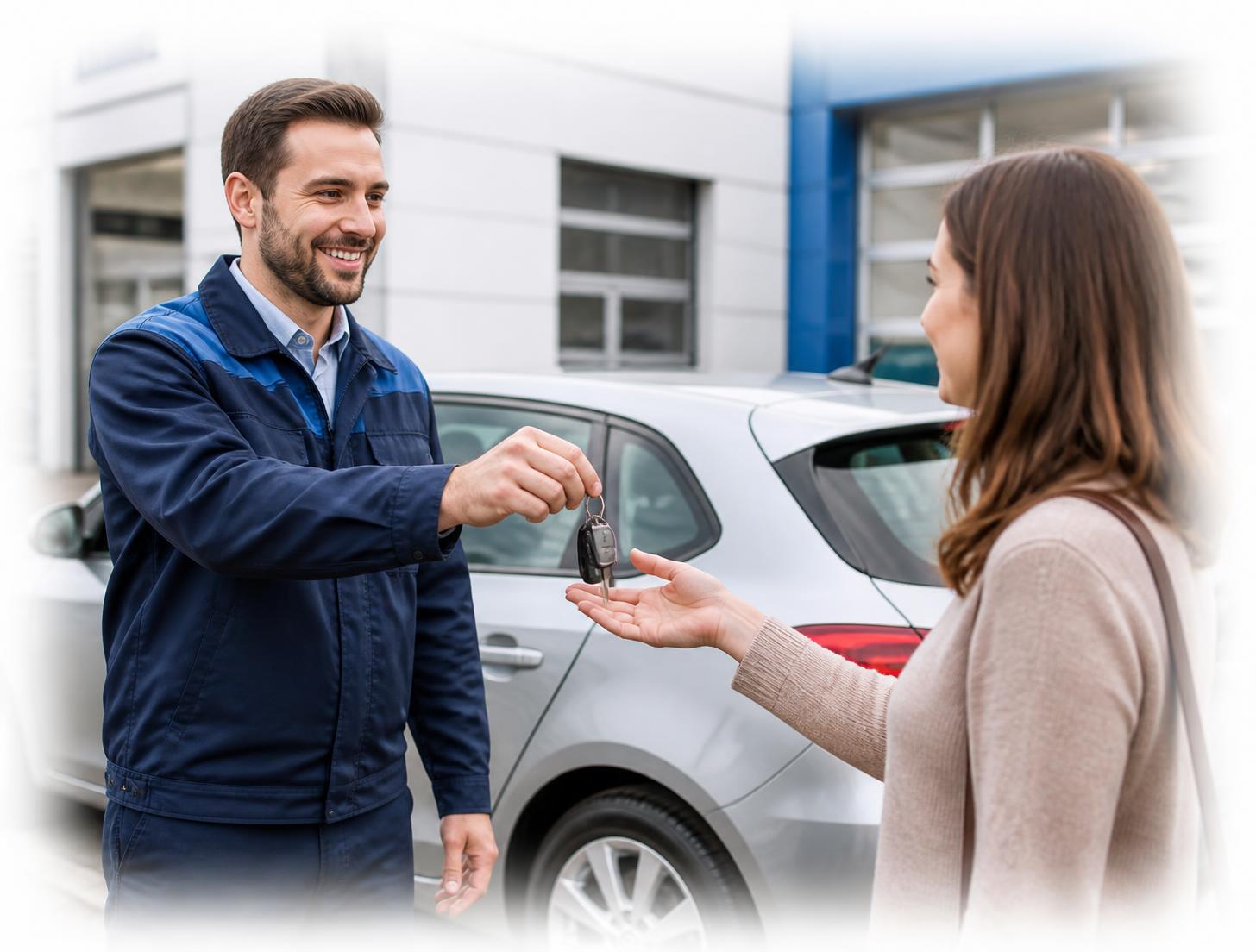 Repair centre staff handing replacement vehicle keys to a customer