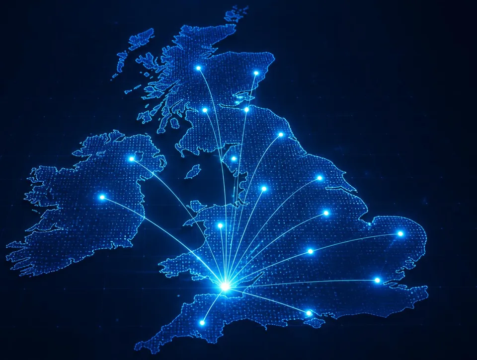 Stylised map of the United Kingdom with the Bristol site glowing at the centre of a connected network