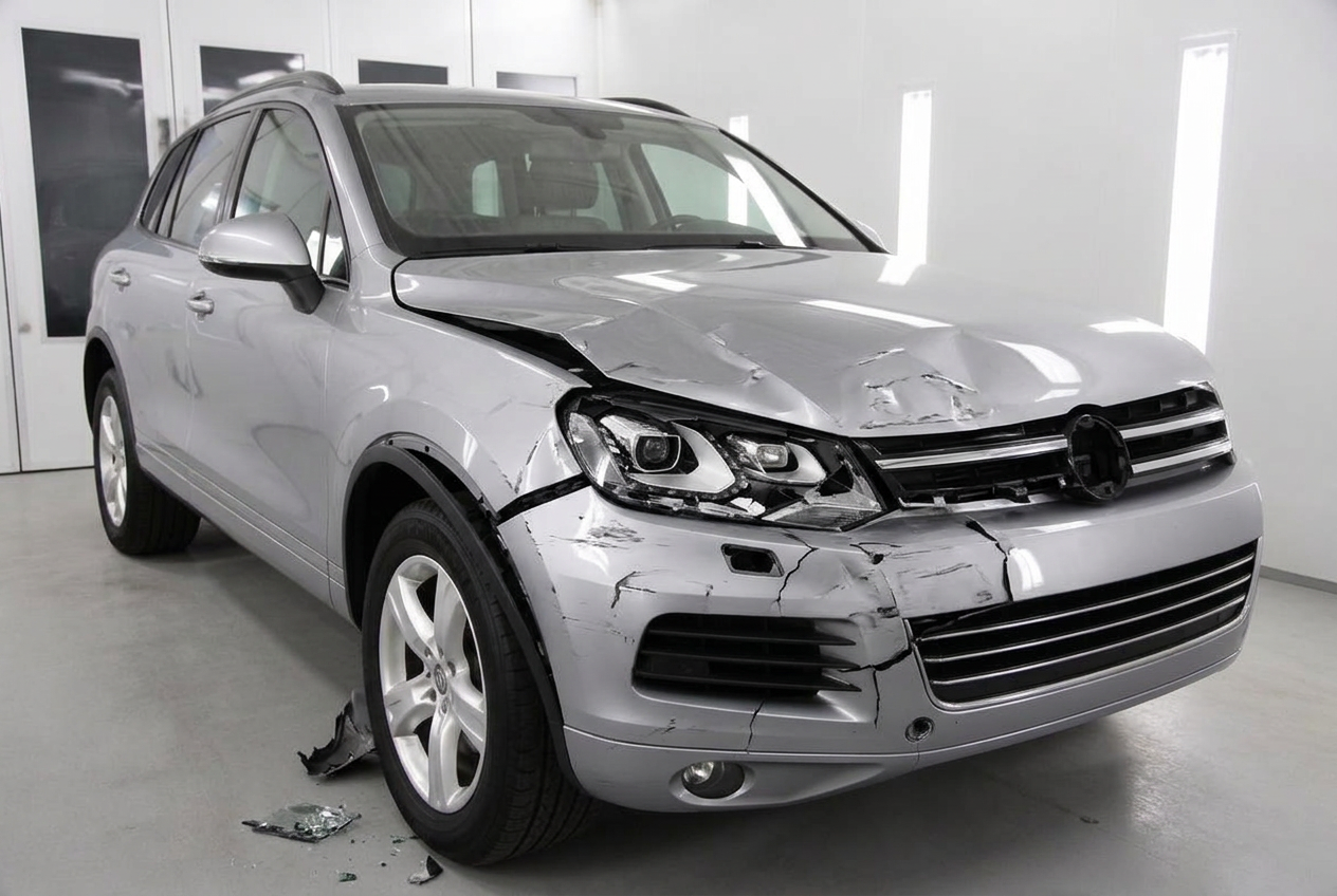 Silver family SUV showing accident damage on arrival at our workshop