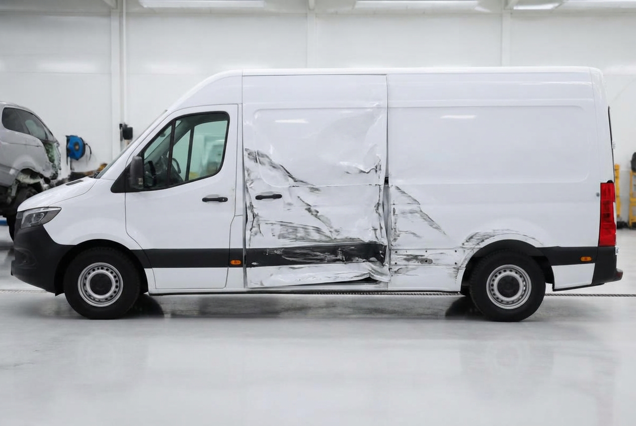 White long wheelbase panel van showing accident damage on arrival at our workshop