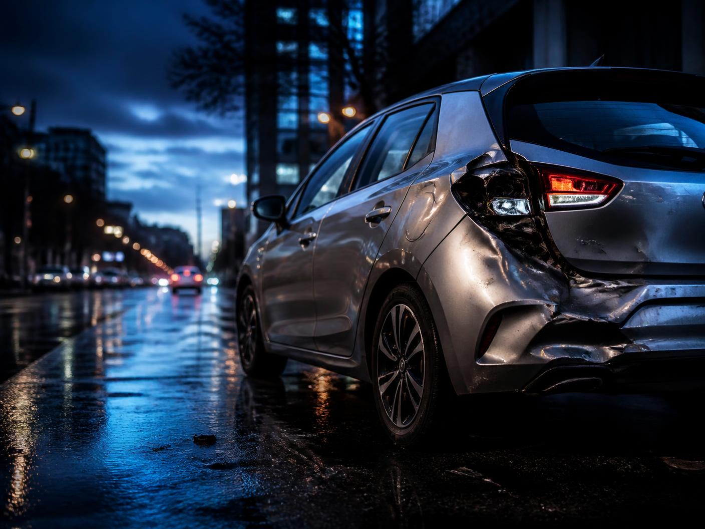 Car with accident damage on a wet city street at dusk