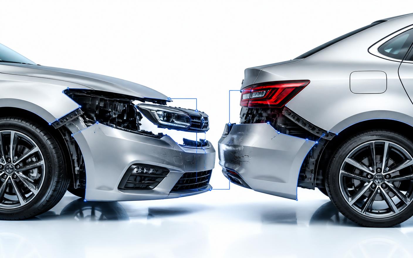 Two silver cars after a non-fault collision, shown with damaged panels highlighted in blue