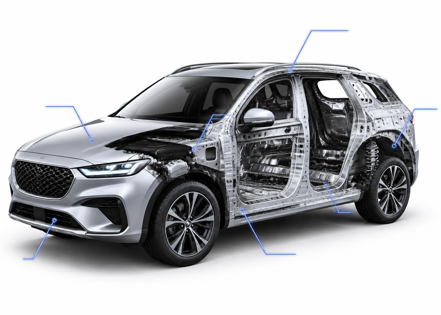 Vehicle cutaway showing bodywork on one side and internal structure on the other