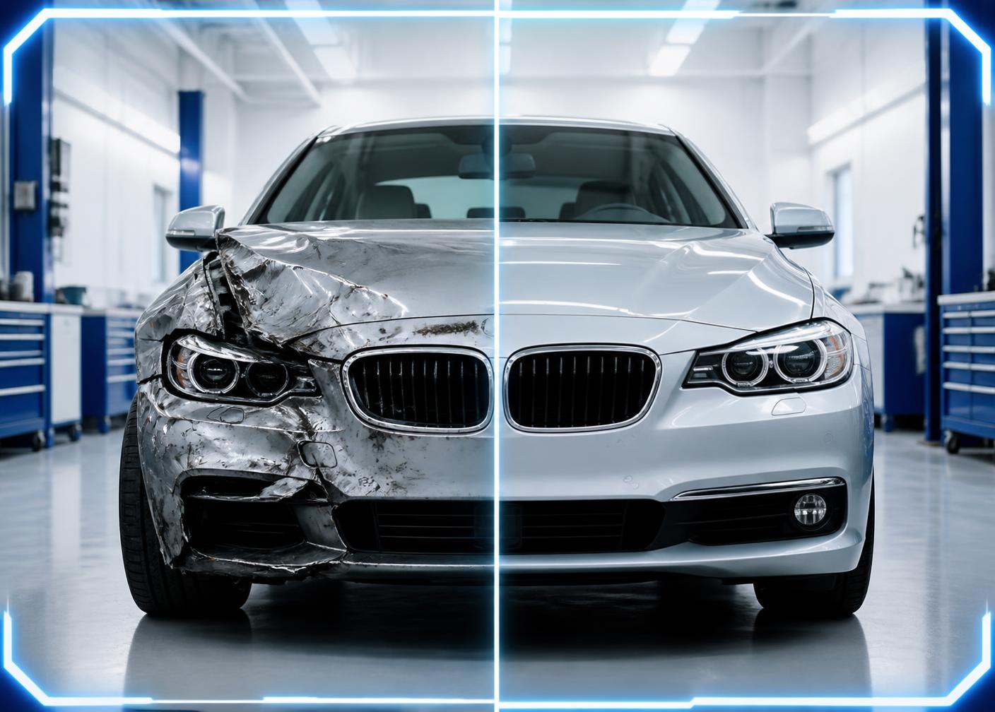 Silver car being repaired in a bright accident repair workshop