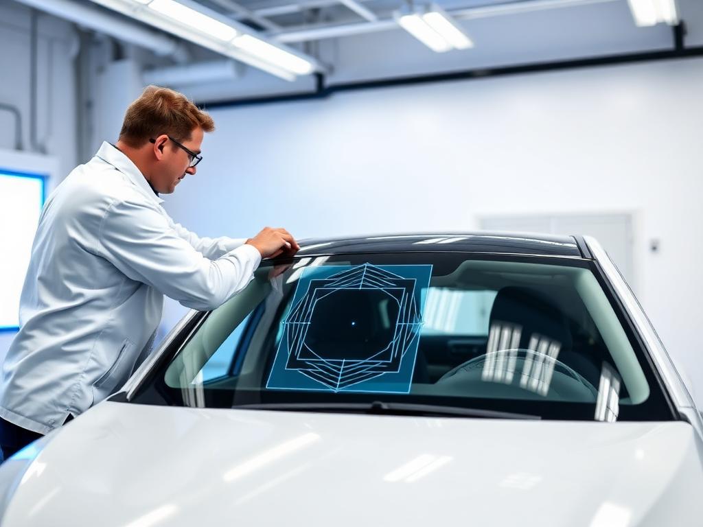 Diagnostic and calibration equipment set up in front of a vehicle