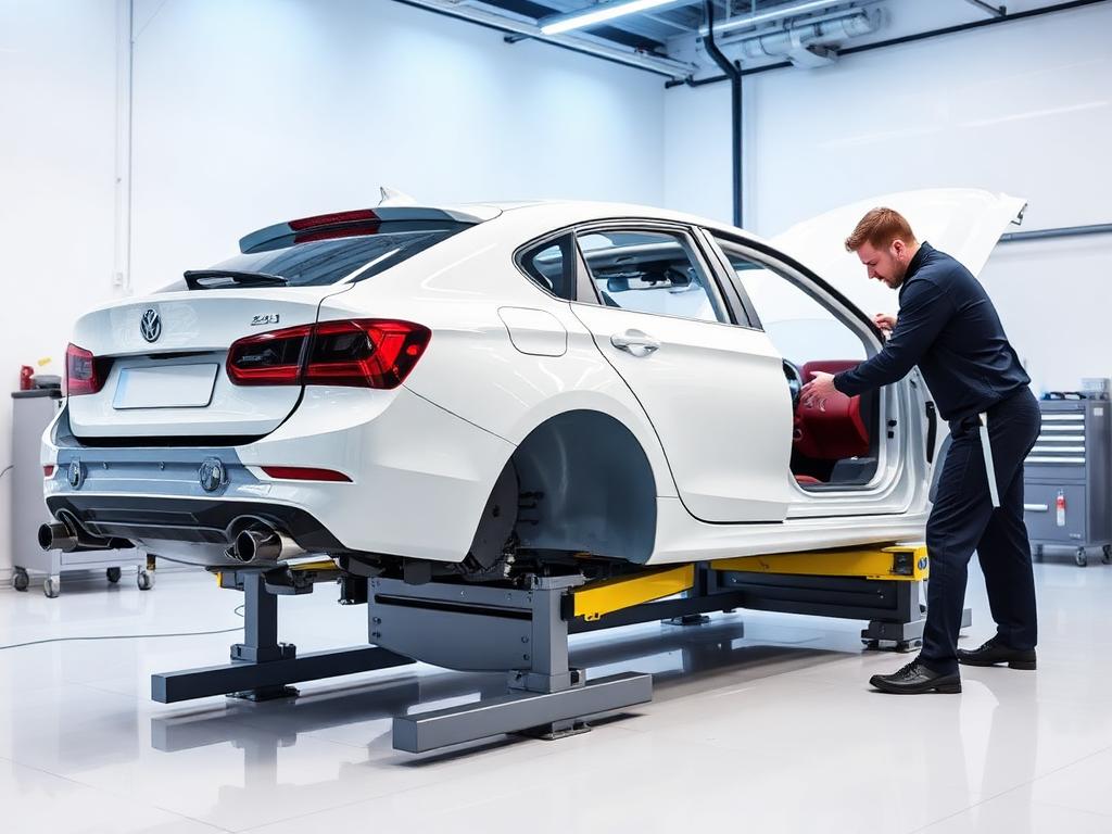 Vehicle stripped down on a bench inside a clean bodyshop