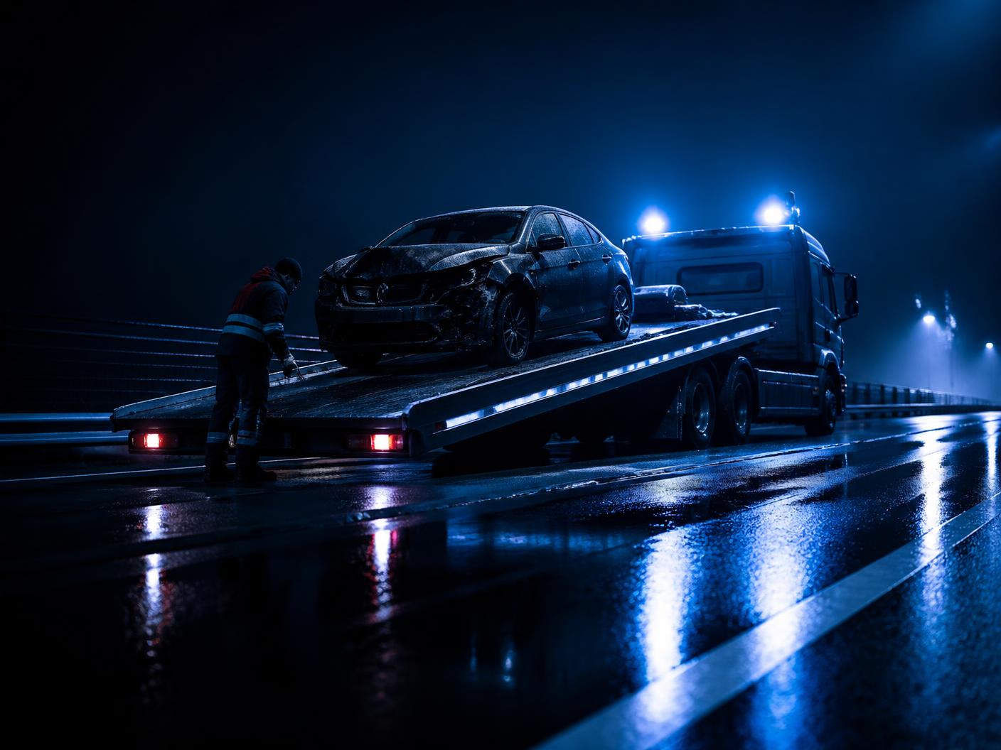 Recovery truck loading a damaged car at night