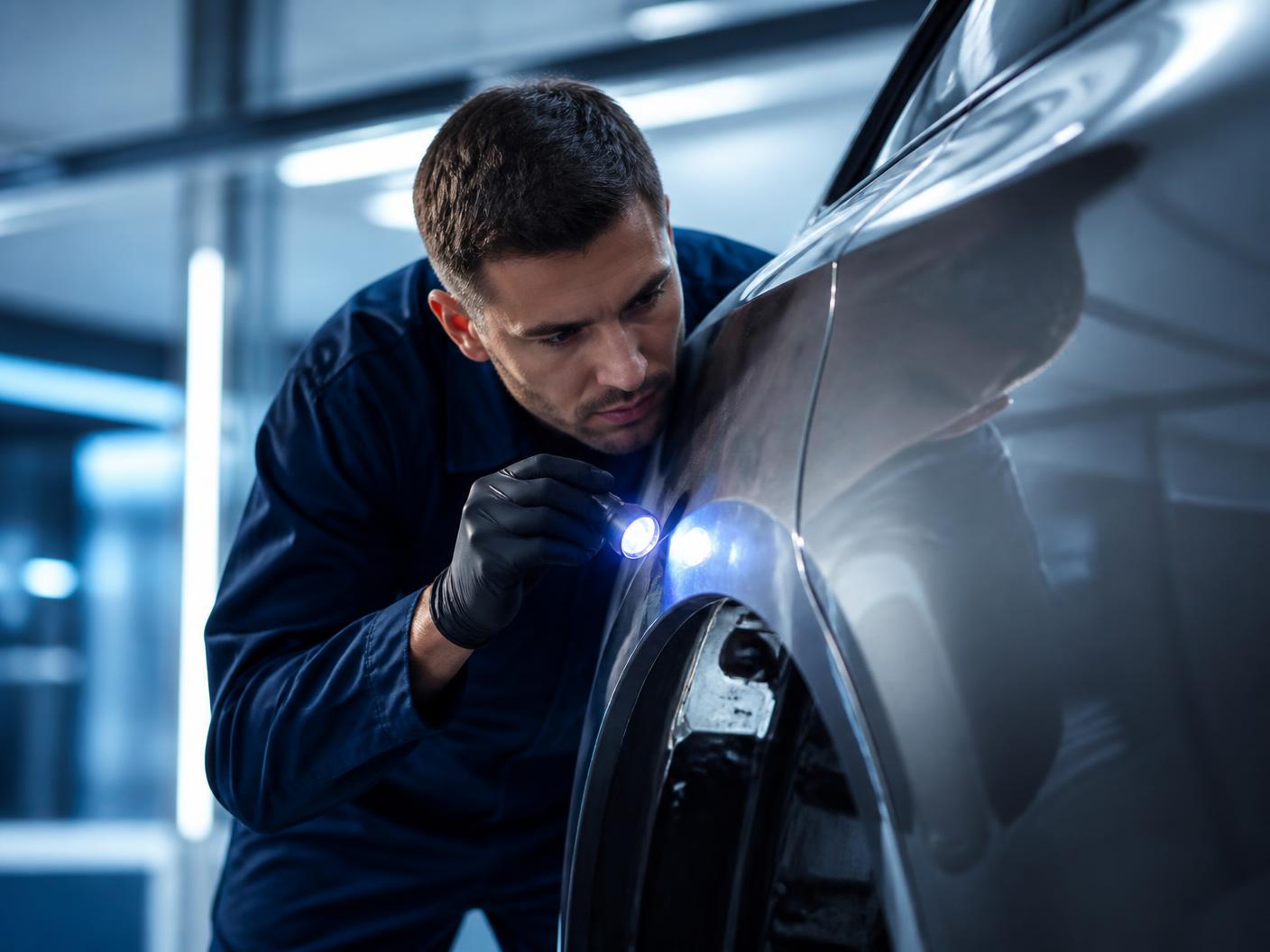 Technician inspecting accident damage on a vehicle panel
